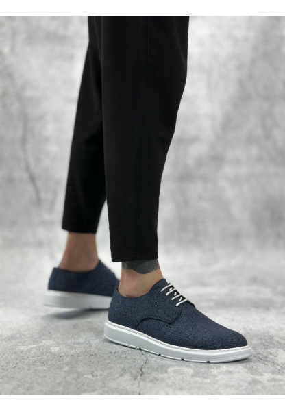 MirgeShoes Lacivert Bağcıklı Klasik Casual Erkek Ayakkabı Keten Deri Yüksek BYZ Taban MRG01060002321