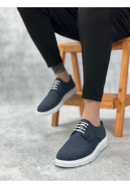 MirgeShoes Lacivert Bağcıklı Klasik Casual Erkek Ayakkabı Keten Deri Yüksek BYZ Taban MRG01060002321