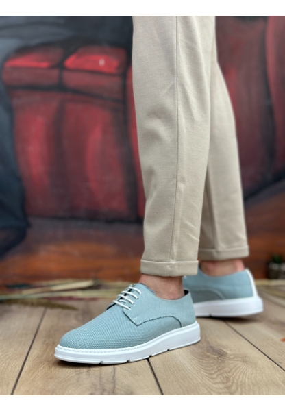 MirgeShoes Turkuaz Bağcıklı Klasik Casual Erkek Ayakkabı Keten Deri Yüksek BYZ Taban MRG01060002321