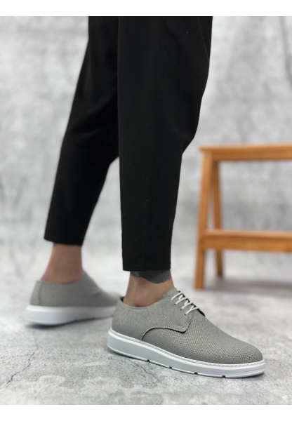 MirgeShoes Gri Bağcıklı Klasik Casual Erkek Ayakkabı Keten Yüksek BYZ Taban MRG01060002321