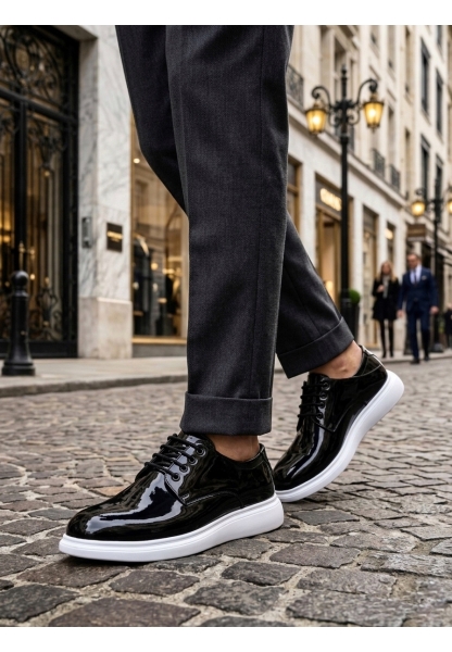 MRG0003 Siyah Bağcıklı Rugan Beyaz Taban Erkek Klasik Ayakkabı