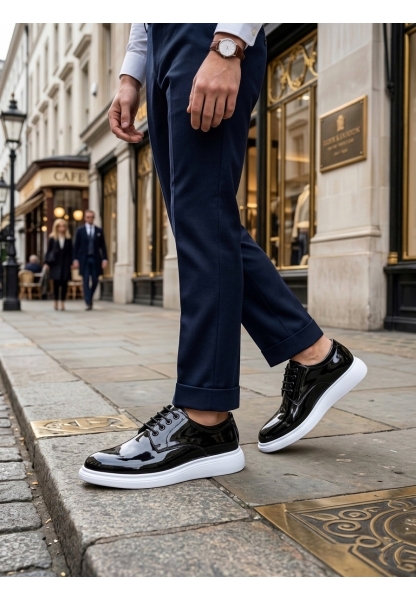 MRG0003 Siyah Bağcıklı Rugan Beyaz Taban Erkek Klasik Ayakkabı