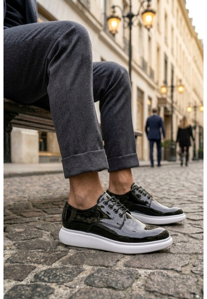 MRG0003 Siyah Bağcıklı Rugan Beyaz Taban Erkek Klasik Ayakkabı