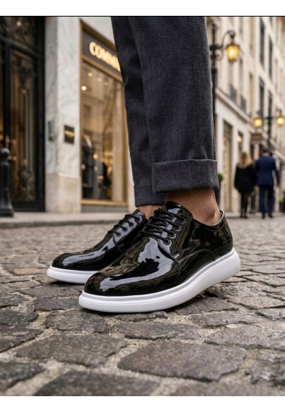 MRG0003 Siyah Bağcıklı Rugan Beyaz Taban Erkek Klasik Ayakkabı