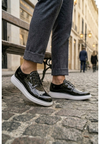 MRG0003 Siyah Bağcıklı Rugan Beyaz Taban Erkek Klasik Ayakkabı