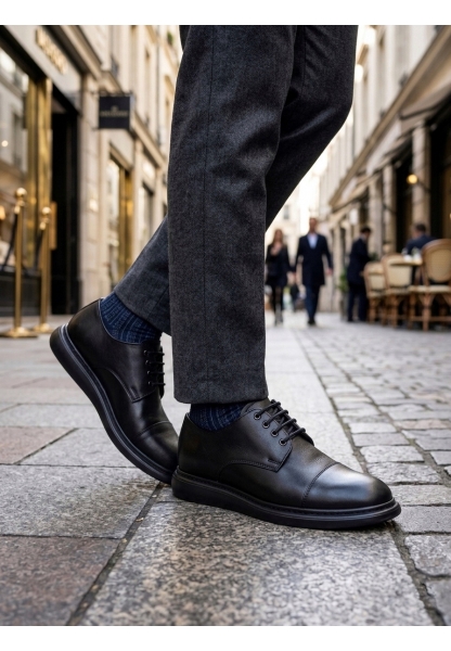 MRG0003 Siyah Kapaklı Burun Bağcıklı Erkek Oxford Ayakkabı