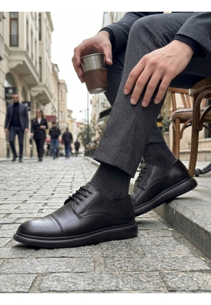 MRG0003 Siyah Kapaklı Burun Bağcıklı Erkek Oxford Ayakkabı