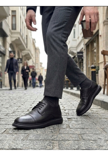 MRG0003 Siyah Kapaklı Burun Bağcıklı Erkek Oxford Ayakkabı