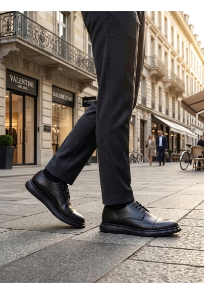 MRG0003 Siyah Kapaklı Burun Bağcıklı Erkek Oxford Ayakkabı