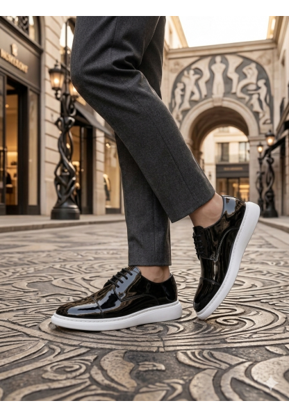 MRG0003 Siyah Kapaklı Burun Bağcıklı Rugan Beyaz Taban Erkek Oxford Ayakkabı