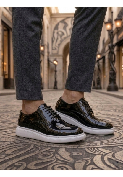 MRG0003 Siyah Kapaklı Burun Bağcıklı Rugan Beyaz Taban Erkek Oxford Ayakkabı