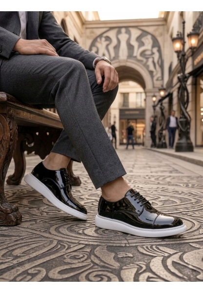 MRG0003 Siyah Kapaklı Burun Bağcıklı Rugan Beyaz Taban Erkek Oxford Ayakkabı