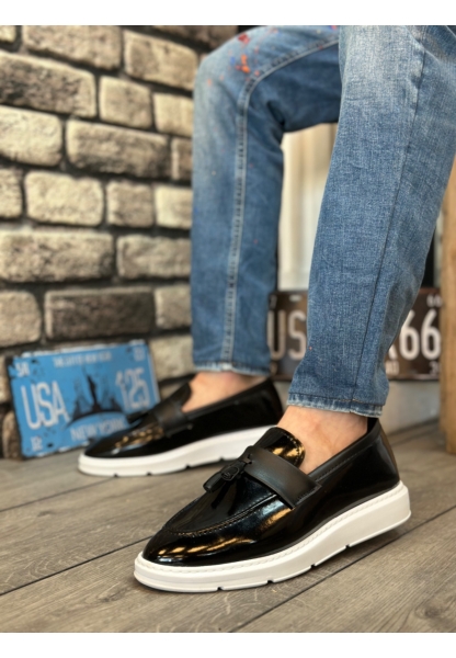 MirgeShoes Siyah Bağcıksız Püsküllü Erkek Loafer Ayakkabı Parlak Rugan Yüksek BYZ Taban MRG01060002323