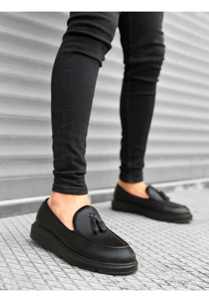 MirgeShoes Siyah Bağcıksız Püsküllü Erkek Loafer Ayakkabı Rugan Yüksek SYH Taban MRG01060002323