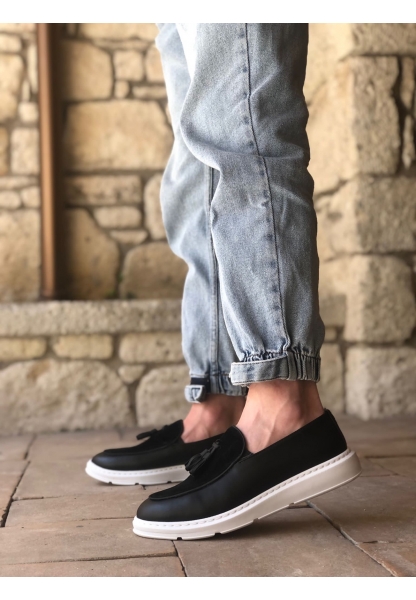 MirgeShoes Siyah Bağcıksız Püsküllü Erkek Loafer Ayakkabı Cilt-Süet Detaylı Yüksek BYZ Taban MRG01060002323