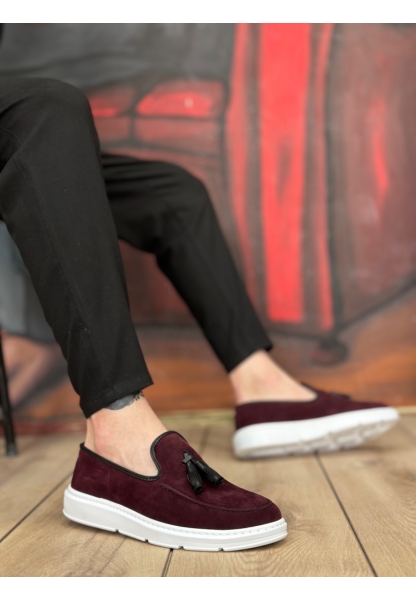 MirgeShoes Bordo Bağcıksız Püsküllü Erkek Loafer Ayakkabı Süet Detaylı Yüksek BYZ Taban MRG01060002323