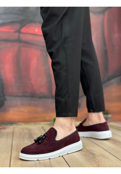 MirgeShoes Bordo Bağcıksız Püsküllü Erkek Loafer Ayakkabı Süet Detaylı Yüksek BYZ Taban MRG01060002323