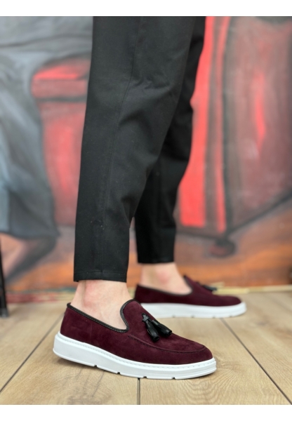 MirgeShoes Bordo Bağcıksız Püsküllü Erkek Loafer Ayakkabı Süet Detaylı Yüksek BYZ Taban MRG01060002323