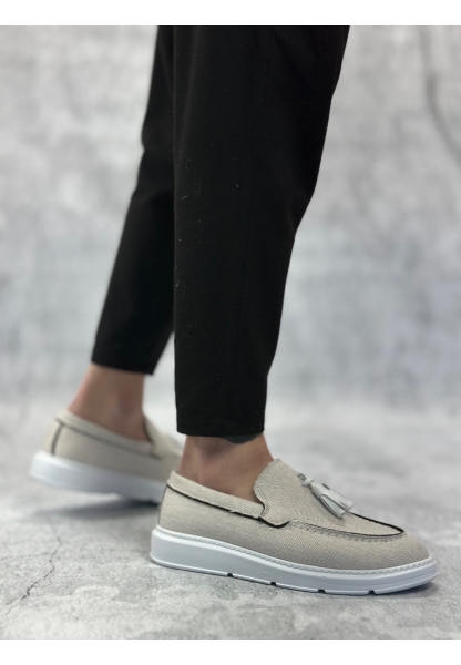 MirgeShoes Krem Bağcıksız Püsküllü Erkek Loafer Ayakkabı Keten Detaylı Yüksek BYZ Taban MRG01060002323