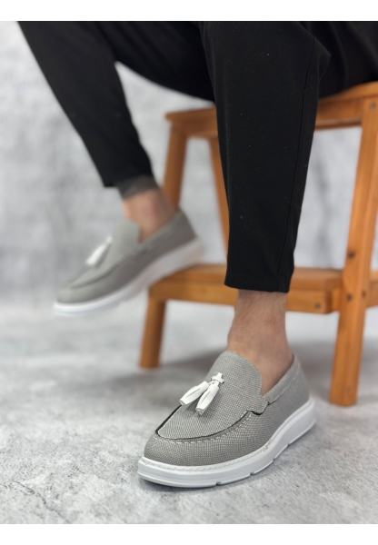 MirgeShoes Füme Bağcıksız Püsküllü Erkek Loafer Ayakkabı Keten Detaylı Yüksek BYZ Taban MRG01060002323