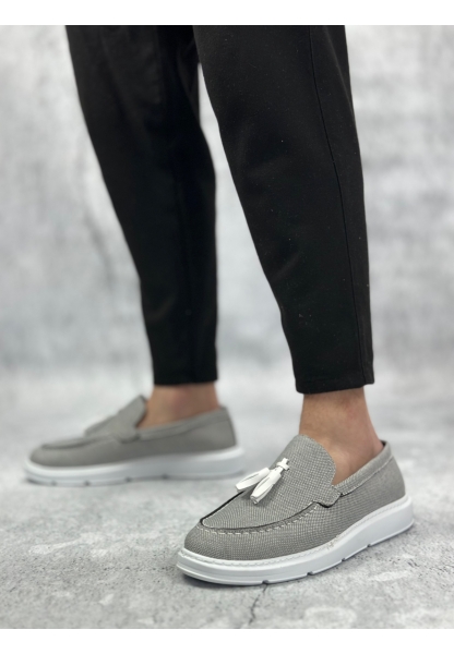 MirgeShoes Füme Bağcıksız Püsküllü Erkek Loafer Ayakkabı Keten Detaylı Yüksek BYZ Taban MRG01060002323
