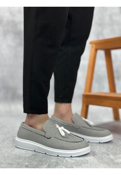 MirgeShoes Füme Bağcıksız Püsküllü Erkek Loafer Ayakkabı Keten Detaylı Yüksek BYZ Taban MRG01060002323