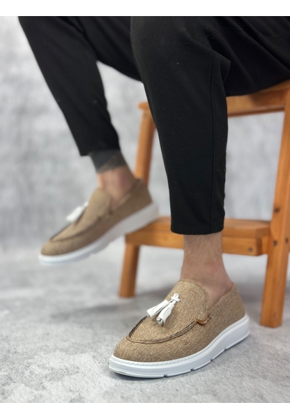 MirgeShoes Hardal Bağcıksız Püsküllü Erkek Loafer Ayakkabı Keten Detaylı Yüksek BYZ Taban MRG01060002323