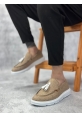 MirgeShoes Hardal Bağcıksız Püsküllü Erkek Loafer Ayakkabı Keten Detaylı Yüksek BYZ Taban MRG01060002323