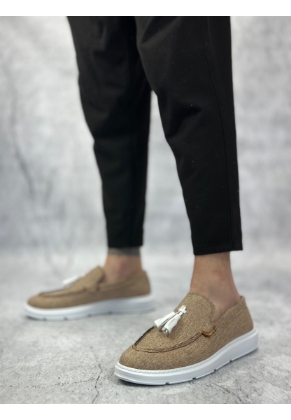 MirgeShoes Hardal Bağcıksız Püsküllü Erkek Loafer Ayakkabı Keten Detaylı Yüksek BYZ Taban MRG01060002323