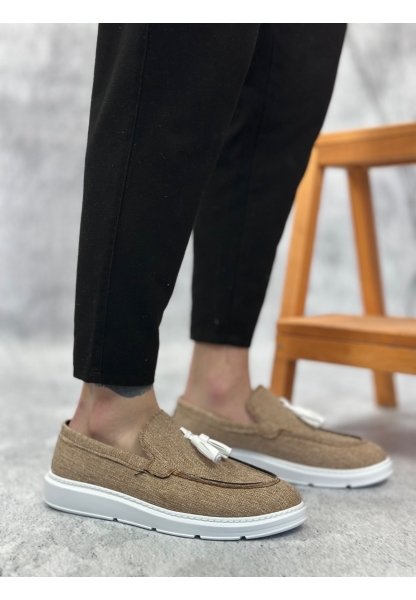 MirgeShoes Hardal Bağcıksız Püsküllü Erkek Loafer Ayakkabı Keten Detaylı Yüksek BYZ Taban MRG01060002323