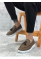 MirgeShoes Kahve Bağcıksız Püsküllü Erkek Loafer Ayakkabı Keten Detaylı Yüksek BYZ Taban MRG01060002323