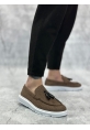 MirgeShoes Kahve Bağcıksız Püsküllü Erkek Loafer Ayakkabı Keten Detaylı Yüksek BYZ Taban MRG01060002323