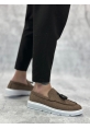 MirgeShoes Kahve Bağcıksız Püsküllü Erkek Loafer Ayakkabı Keten Detaylı Yüksek BYZ Taban MRG01060002323