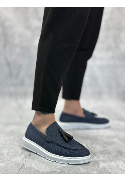 MirgeShoes Lacivert Bağcıksız Püsküllü Erkek Loafer Ayakkabı Keten Detaylı Yüksek BYZ Taban MRG01060002323