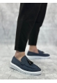 MirgeShoes Lacivert Bağcıksız Püsküllü Erkek Loafer Ayakkabı Keten Detaylı Yüksek BYZ Taban MRG01060002323