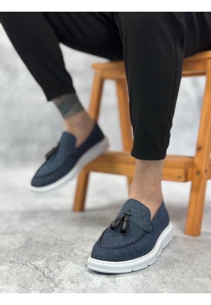 MirgeShoes Lacivert Bağcıksız Püsküllü Erkek Loafer Ayakkabı Keten Detaylı Yüksek BYZ Taban MRG01060002323