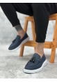 MirgeShoes Lacivert Bağcıksız Püsküllü Erkek Loafer Ayakkabı Keten Detaylı Yüksek BYZ Taban MRG01060002323