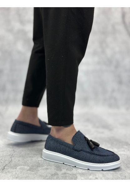 MirgeShoes Lacivert Bağcıksız Püsküllü Erkek Loafer Ayakkabı Keten Detaylı Yüksek BYZ Taban MRG01060002323