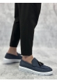 MirgeShoes Lacivert Bağcıksız Püsküllü Erkek Loafer Ayakkabı Keten Detaylı Yüksek BYZ Taban MRG01060002323