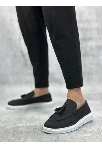 MirgeShoes Siyah Bağcıksız Püsküllü Erkek Loafer Ayakkabı Keten Detaylı Yüksek BYZ Taban MRG01060002323