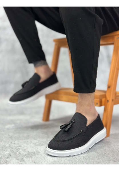 MirgeShoes Siyah Bağcıksız Püsküllü Erkek Loafer Ayakkabı Keten Detaylı Yüksek BYZ Taban MRG01060002323