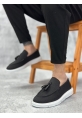MirgeShoes Siyah Bağcıksız Püsküllü Erkek Loafer Ayakkabı Keten Detaylı Yüksek BYZ Taban MRG01060002323