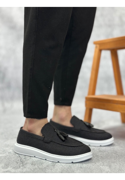 MirgeShoes Siyah Bağcıksız Püsküllü Erkek Loafer Ayakkabı Keten Detaylı Yüksek BYZ Taban MRG01060002323