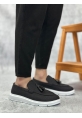 MirgeShoes Siyah Bağcıksız Püsküllü Erkek Loafer Ayakkabı Keten Detaylı Yüksek BYZ Taban MRG01060002323