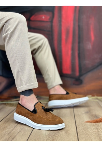 MirgeShoes Taba Bağcıksız Püsküllü Erkek Loafer Ayakkabı Süet Detaylı Yüksek BYZ Taban MRG01060002323