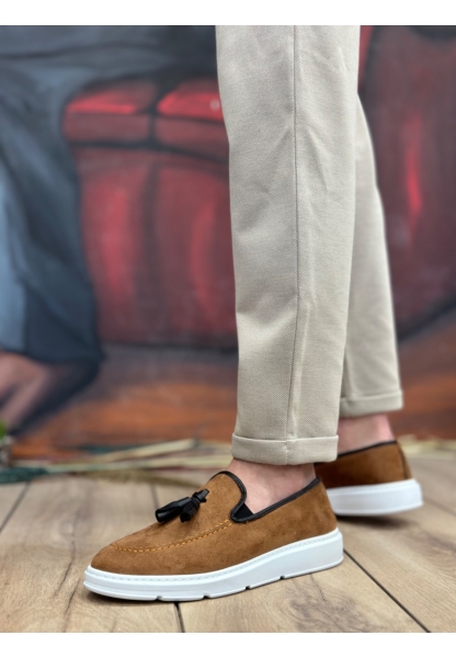 MirgeShoes Taba Bağcıksız Püsküllü Erkek Loafer Ayakkabı Süet Detaylı Yüksek BYZ Taban MRG01060002323