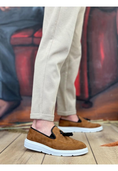 MirgeShoes Taba Bağcıksız Püsküllü Erkek Loafer Ayakkabı Süet Detaylı Yüksek BYZ Taban MRG01060002323