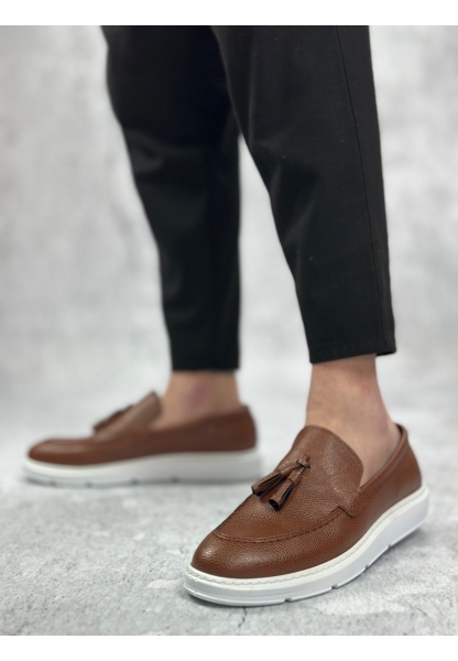 MirgeShoes Taba Bağcıksız Püsküllü Erkek Loafer Ayakkabı Yüksek BYZ Taban MRG01060002323