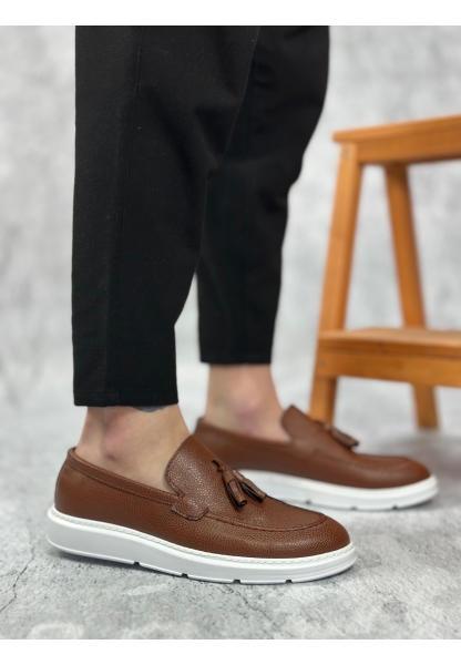 MirgeShoes Taba Bağcıksız Püsküllü Erkek Loafer Ayakkabı Yüksek BYZ Taban MRG01060002323