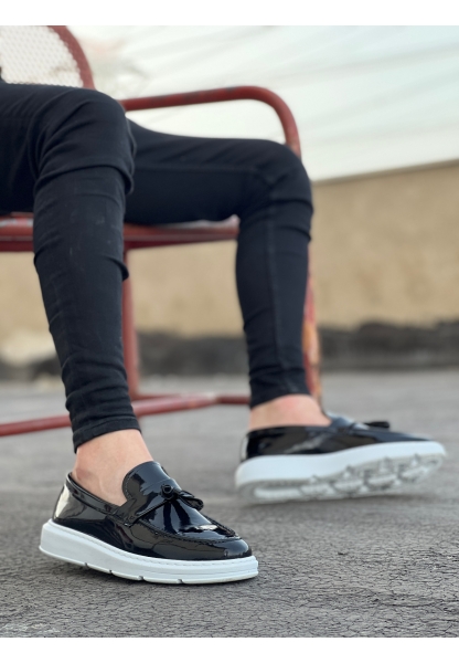 MirgeShoes Siyah Bağcıksız Püsküllü Erkek Loafer Ayakkabı Rugan Yüksek BYZ Taban MRG01060002323